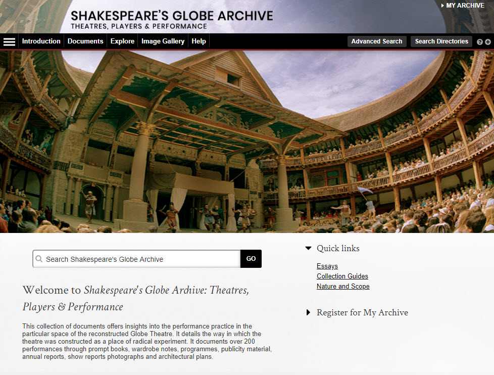 Screenshot of Shakespeare's Globe Archive home page. 